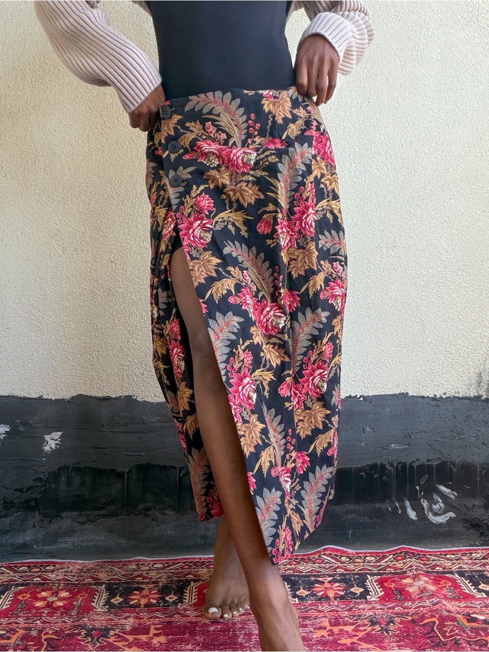 Black Floral Midi Wrap Skirt with Red & Gold Botanical Print